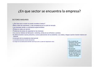 ¿En que sector se encuentra la empresa?

SECTORES MADUROS

• ¿Que hace que un sector se pueda considerar maduro?
• Menor índice de crecimiento, y más competencia por la cuota de mercado
• Las empresas venden a compradores experimentados
• Énfasis en coste y en servicio
• Problemas de exceso de capacidad en las empresas
• A su vez los métodos de fabricación, marketing, ventas etc se enfrentan a cambios
• Es difícil encontrar nuevos productos y nuevas aplicaciones de los existentes. Los costes y riesgos cuando el sector madura son
  mayores
• Incremento de la competencia internacional
• Los beneficios decrecen durante este periodo
• El margen de los distribuidores también disminuye, pero su poder de negociación crece.        • Es un periodo de
                                                                                                  transición crítico para
                                                                                                  las empresas. Se
                                                                                                  producen numerosos
                                                                                                  cambios.
                                                                                                • Numerosas
                                                                                                  empresas que no han
                                                                                                  percibido los cambios
                                                                                                  se ven situadas en el
                                                                                                  "medio", sin optar por
                                                                                                  ninguna estrategia
 