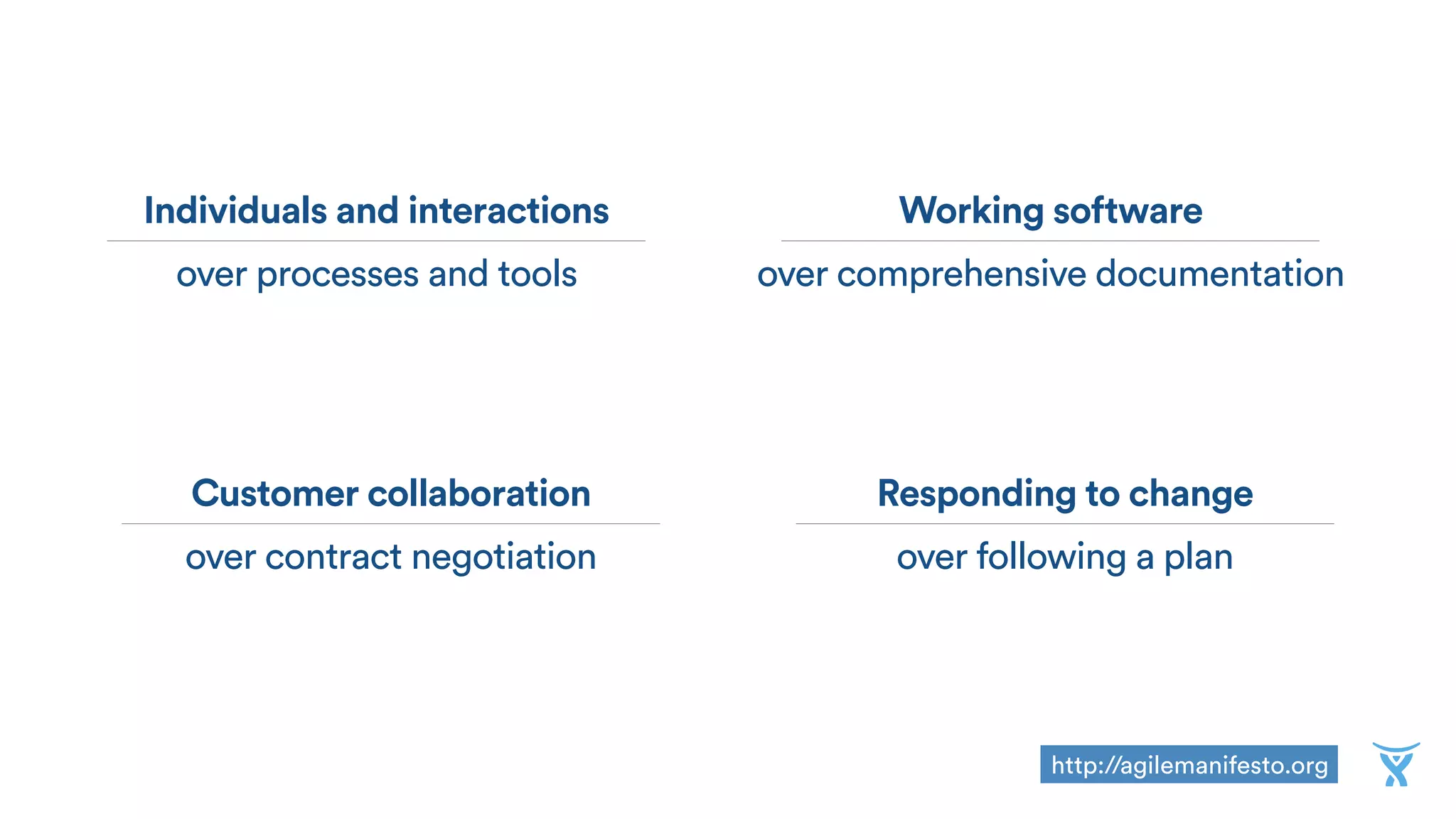 Individuals and interactions
over processes and tools
Working software
over comprehensive documentation
Customer collaboration
over contract negotiation
Responding to change
over following a plan
http://agilemanifesto.org
 