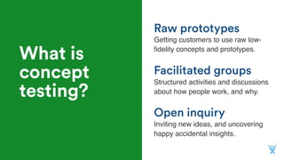 Open inquiry
Getting customers to use raw low-
ﬁdelity concepts and prototypes.
Facilitated groups
Structured activities a...