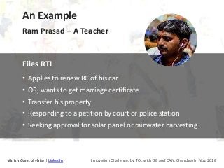 An Example
Files RTI
• Applies to renew RC of his car
• OR, wants to get marriage certificate
• Transfer his property
• Re...