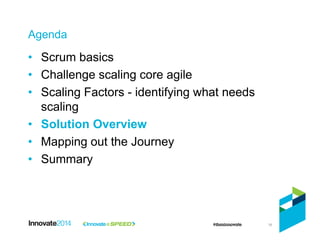16
Agenda
• Scrum basics
• Challenge scaling core agile
• Scaling Factors - identifying what needs
scaling
• Solution Overview
• Mapping out the Journey
• Summary
 