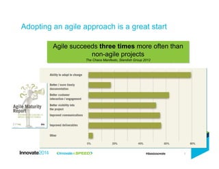 7
Adopting an agile approach is a great start
Agile succeeds three times more often than
non-agile projects
The Chaos Manifesto, Standish Group 2012
Agile succeeds three times more often than
non-agile projects
The Chaos Manifesto, Standish Group 2012
 