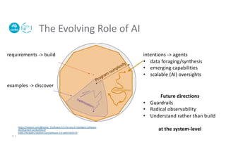 The Evolving Role of AI
4 |
intentions -> agents
• data foraging/synthesis
• emerging capabilities
• scalable (AI) oversights
https://medium.com/@itamar_f/software-3-0-the-era-of-intelligent-software-
development-acd3cafe6cd7
https://karpathy.medium.com/software-2-0-a64152b37c35
requirements -> build
examples -> discover
Future directions
• Guardrails
• Radical observability
• Understand rather than build
at the system-level
 