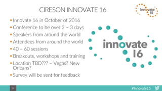 #Innovate1524
CIRESON INNOVATE 16
 Innovate 16 in October of 2016
 Conference to be over 2 – 3 days
 Speakers from around the world
 Attendees from around the world
 40 – 60 sessions
 Breakouts, workshops and training
 Location TBD??? – Vegas? New
Orleans?
 Survey will be sent for feedback
 