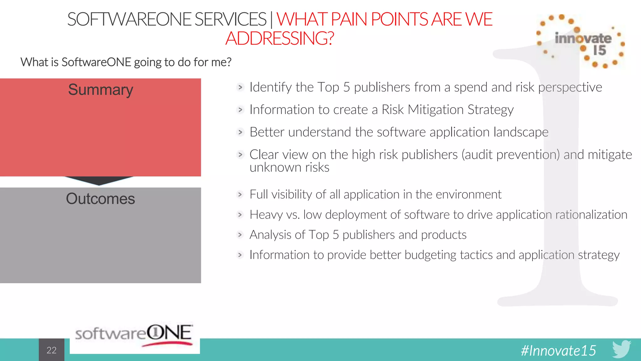 #Innovate1522
Summary
Outcomes
SOFTWAREONESERVICES|WHATPAINPOINTSAREWE
ADDRESSING?
Identify the Top 5 publishers from a spend and risk perspective
Information to create a Risk Mitigation Strategy
Better understand the software application landscape
Clear view on the high risk publishers (audit prevention) and mitigate
unknown risks
Full visibility of all application in the environment
Heavy vs. low deployment of software to drive application rationalization
Analysis of Top 5 publishers and products
Information to provide better budgeting tactics and application strategy
What is SoftwareONE going to do for me?
 