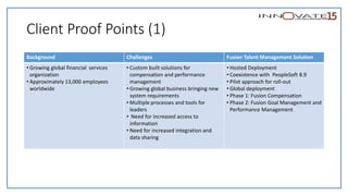 Client Proof Points (1)
Background Challenges Fusion Talent Management Solution
• Growing global financial services
organization
• Approximately 13,000 employees
worldwide
• Custom built solutions for
compensation and performance
management
• Growing global business bringing new
system requirements
• Multiple processes and tools for
leaders
• Need for increased access to
information
• Need for increased integration and
data sharing
• Hosted Deployment
• Coexistence with PeopleSoft 8.9
• Pilot approach for roll-out
• Global deployment
• Phase 1: Fusion Compensation
• Phase 2: Fusion Goal Management and
Performance Management
 