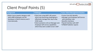 Client Proof Points (5)
Background Challenges Fusion Talent Management Solution
• Major luxury jewelry designer with
about 800 employees and 28
boutiques in North America and 5
internationally.
• Client was using ADP’s HR system
which was becoming challenging to
effectively manage their day to day
HCM needs
• Client wanted to roll-out Manager and
Employee Self service capabilities
which they were unable to do in ADP
• Fusion Core HR, Benefits
• Manager and Employee Self Service
with workflow rules
• Benefits Interfaces
• Payroll Interface with ADP
• OTBI/BI Publisher reports
 