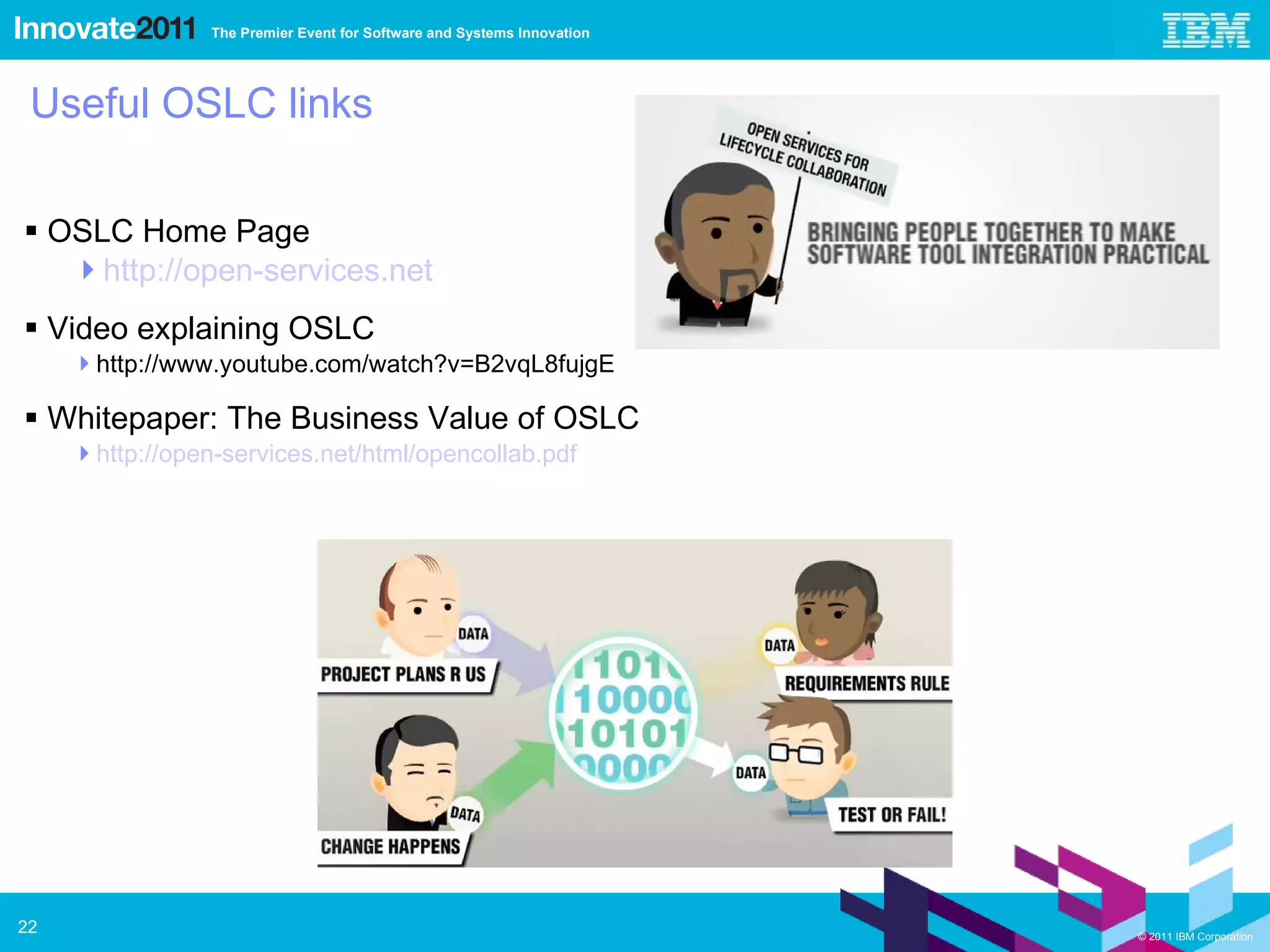 OSLC Home Page http://open- services.net Video explaining OSLC http://www.youtube.com/watch?v=B2vqL8fujgE Whitepaper: The Business Value of OSLC http://open- services.net/html/opencollab.pdf Useful OSLC links 
