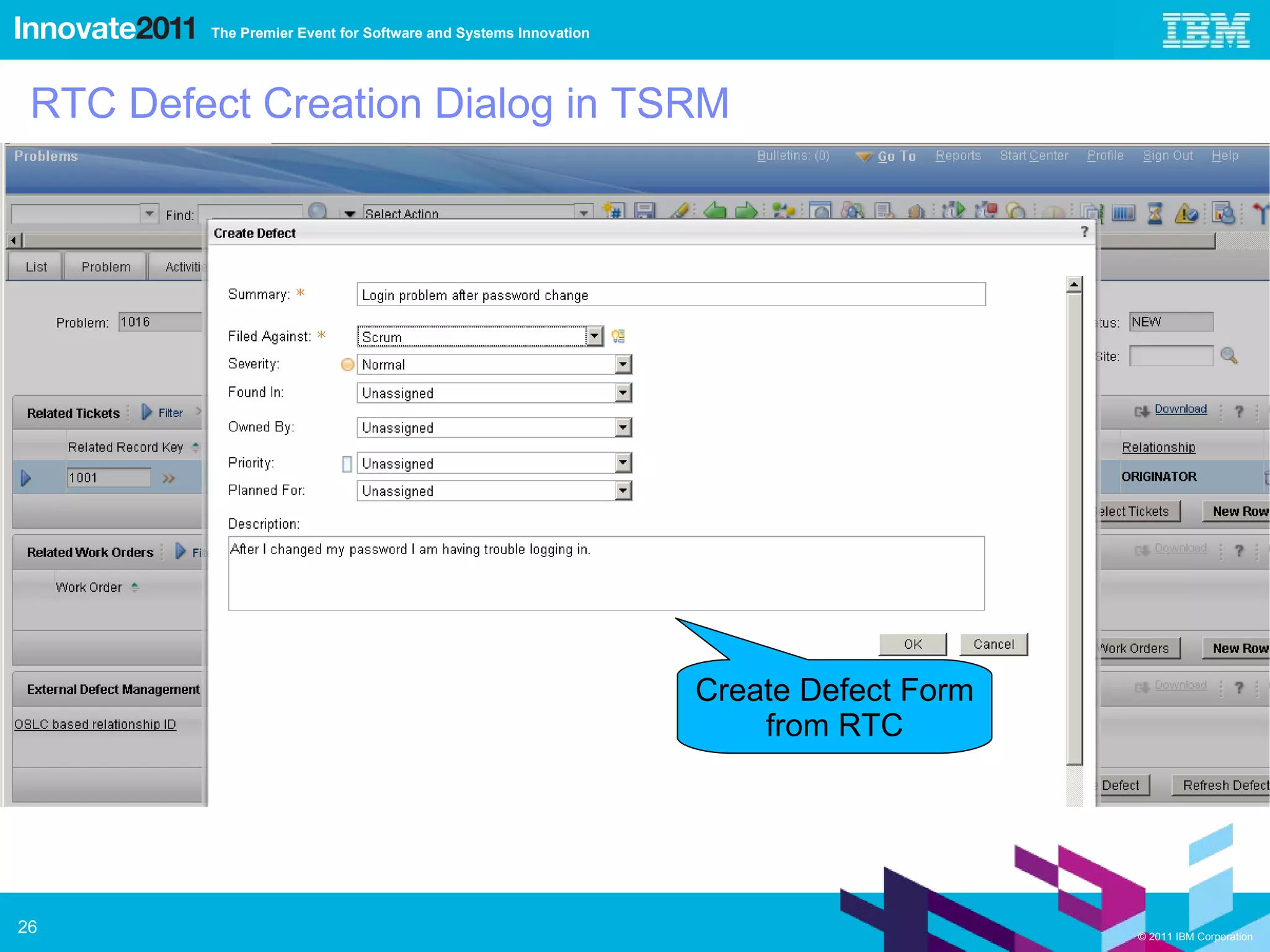 RTC Defect Creation Dialog in TSRM Create Defect Form from RTC 