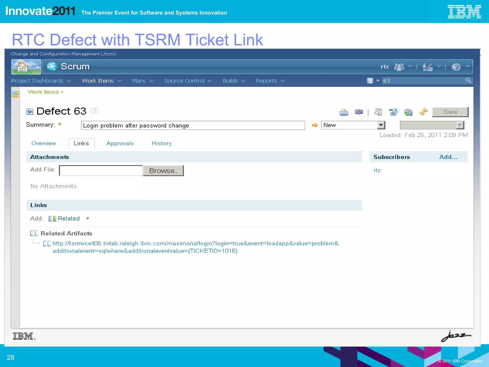 RTC Defect with TSRM Ticket Link 
