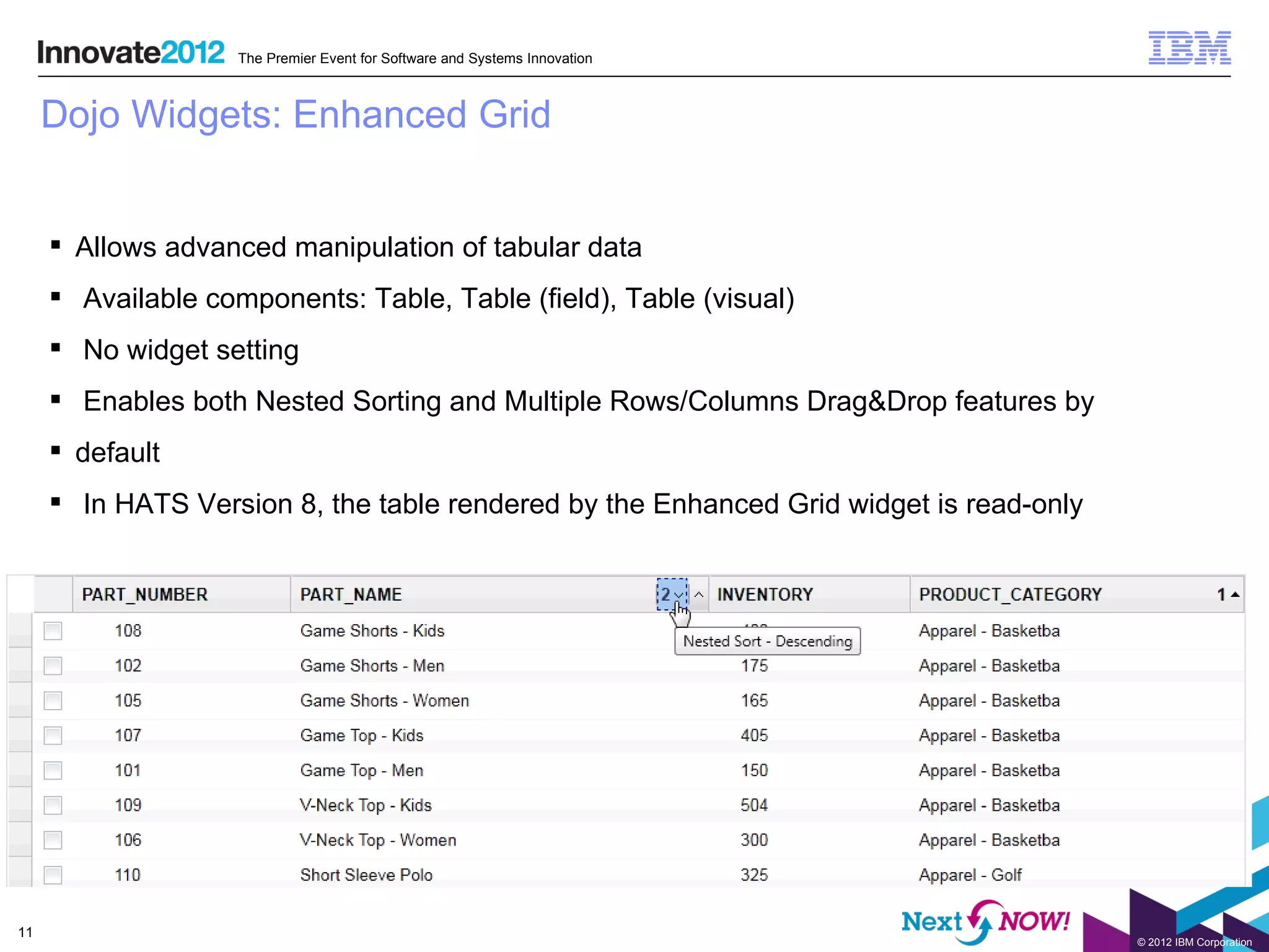 The Premier Event for Software and Systems Innovation



     Dojo Widgets: Enhanced Grid


      Allows advanced manipulation of tabular data
      Available components: Table, Table (field), Table (visual)
      No widget setting
      Enables both Nested Sorting and Multiple Rows/Columns Drag&Drop features by
      default
      In HATS Version 8, the table rendered by the Enhanced Grid widget is read-only




11
                                                                                        © 2012 IBM Corporation
 