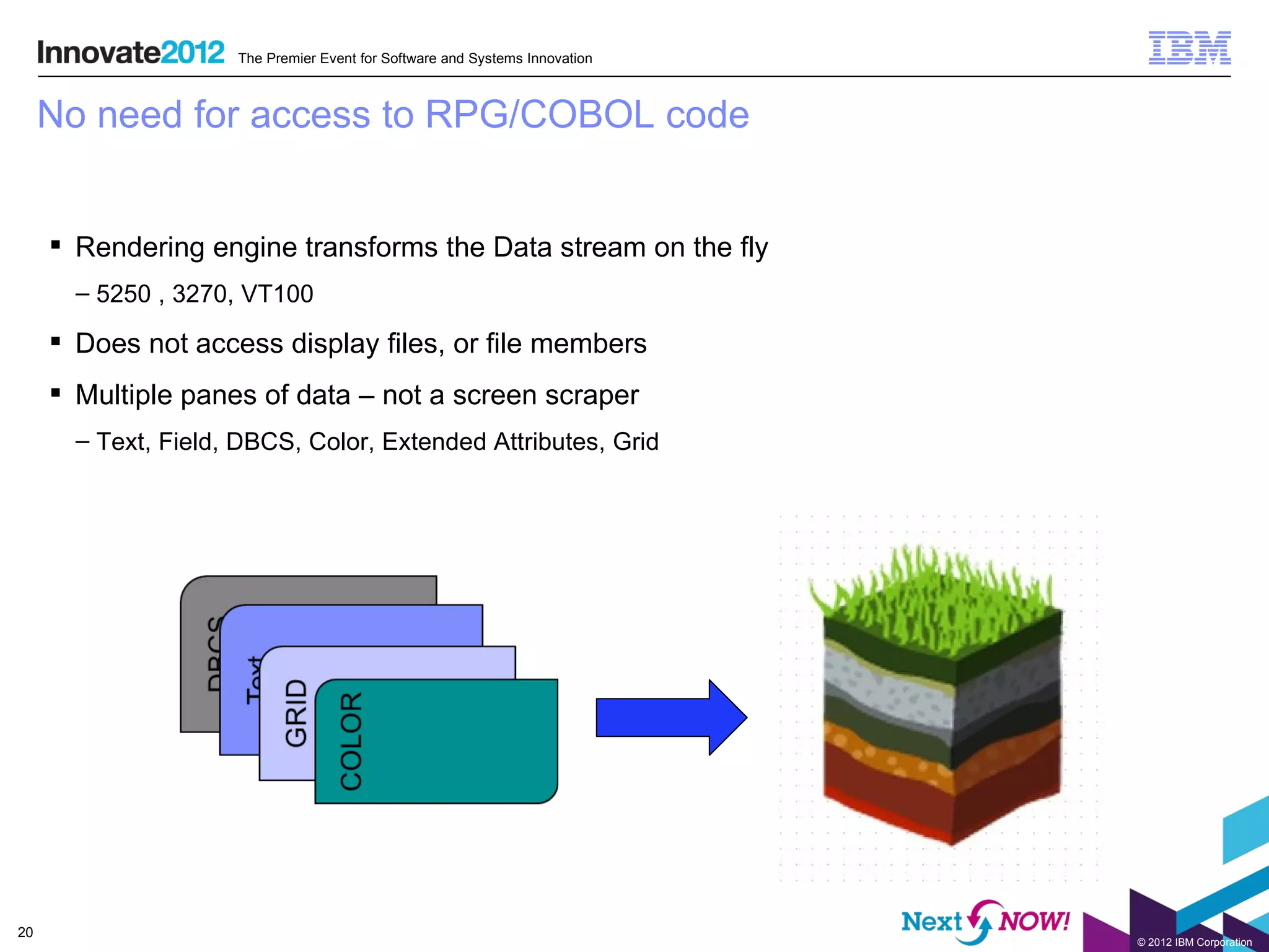 The Premier Event for Software and Systems Innovation



     No need for access to RPG/COBOL code


      Rendering engine transforms the Data stream on the fly
       – 5250 , 3270, VT100

      Does not access display files, or file members
      Multiple panes of data – not a screen scraper
       – Text, Field, DBCS, Color, Extended Attributes, Grid




20
                                                                             © 2012 IBM Corporation
 