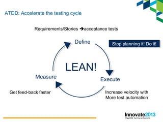 14
Define
ExecuteMeasure
LEAN!
Get feed-back faster
Stop planning it! Do it!Stop planning it! Do it!
Increase velocity with
More test automation
Requirements/Stories acceptance tests
ATDD: Accelerate the testing cycle
 