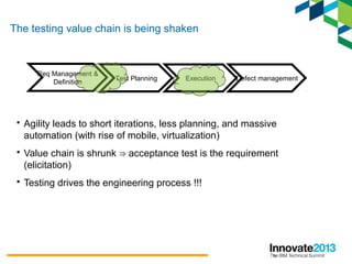 9
Req Management &
Definition
Test Planning Execution Defect management
 Agility leads to short iterations, less planning, and massive
automation (with rise of mobile, virtualization)
 Value chain is shrunk acceptance test is the requirement⇒
(elicitation)
 Testing drives the engineering process !!!
The testing value chain is being shaken
 
