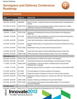 Industry Roadmap
Aerospace and Defense Conference
Roadmap
Success with Model-Driven Development for DO-178C ProjectsADEV-1011A09:45 AM - 10:45 AM
Thursday, June 6
How Ontologies Help Engineers Produce Better Designs: The Long Road of
Information Integration
PDEV-1534A04:15 PM - 05:15 PM
Cassidian: Modelling a Certifiable UAV Ground Control StationADSN-1298A03:00 PM - 04:00 PM
Model-Based Software Development / Testing in DO-178B, DO-178C and DO-331
Projects
RTES-1653B03:00 PM - 04:00 PM
Designing the System of Systems of Tomorrow: A Path to Fewer SurprisesSE-1535B03:00 PM - 04:00 PM
A Process Makeover to Enhance Usability and ComplianceSE-1567B01:45 PM - 02:45 PM
Mastering Lifecycle Costs From Inception: A Joint Initiative of Lockheed Martin/IBMSE-1539C11:15 AM - 12:15 PM
Lockheed Martin: Lowering the Barrier for Model Execution Using the New
Rhapsody Action Language
ADSN-1625A11:15 AM - 12:15 PM
Using Rational Engineering Lifecycle Manager to Accelerate System ChangesSE-1487B08:30 AM - 09:30 AM
Agile Development of Safety-Critical Systems with RhapsodyRTES-1010A08:30 AM - 09:30 AM
Wednesday, June 5
MITRE Corporation: Rational Software Architect: Tips, Tricks, ReusabilityADSN-1738B03:00 PM - 04:00 PM
Faster Indian Navy Systems Fueled by Model-Based Systems EngineeringSE-2285A01:45 PM - 02:45 PM
Model-Based Testing of Complex Hybrid Aerospace SystemsRTES-1555B01:45 PM - 02:45 PM
Raytheon Missile Systems: Leveraging Smarter Computing to Revolutionize Virtual
Design
SC-2001B01:45 PM - 02:45 PM
Faster Indian Navy Systems Fueled by Model-Based Systems EngineeringSE-2285A01:45 PM - 02:45 PM
iCyPhy: How UTC, IBM and Berkeley are Transforming the Way We Develop Next-
Generation Complex Cyber-Physical Systems
SE-1072B10:30 AM - 12:00 PM
Development of Distributed Command and Control Systems with Rhapsody at
MBDA Italy
RTES-1818A10:30 AM - 11:30 AM
Tuesday, June 4
SAAB Aeronautics & Israel Aerospace Industry: Industry experiences in SysML -
Challenges, Proposals and Potential Solutions
ADSN-1815A04:15 PM - 05:15 PM
No Pain, No Gain: A Systems Group's Journey Implementing A Test Management
Solution.
QM-2040A03:00 PM - 04:00 PM
Monday, June 3
Session titleSession #Time
Breakout sessions
 