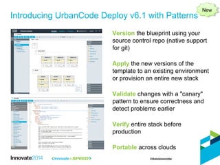 Introducing UrbanCode Deploy v6.1 with Patterns
Version the blueprint using your
source control repo (native support
for git)
Apply the new versions of the
template to an existing environment
or provision an entire new stack
Validate changes with a "canary"
pattern to ensure correctness and
detect problems earlier
Verify entire stack before
production
Portable across clouds
NewNew
 