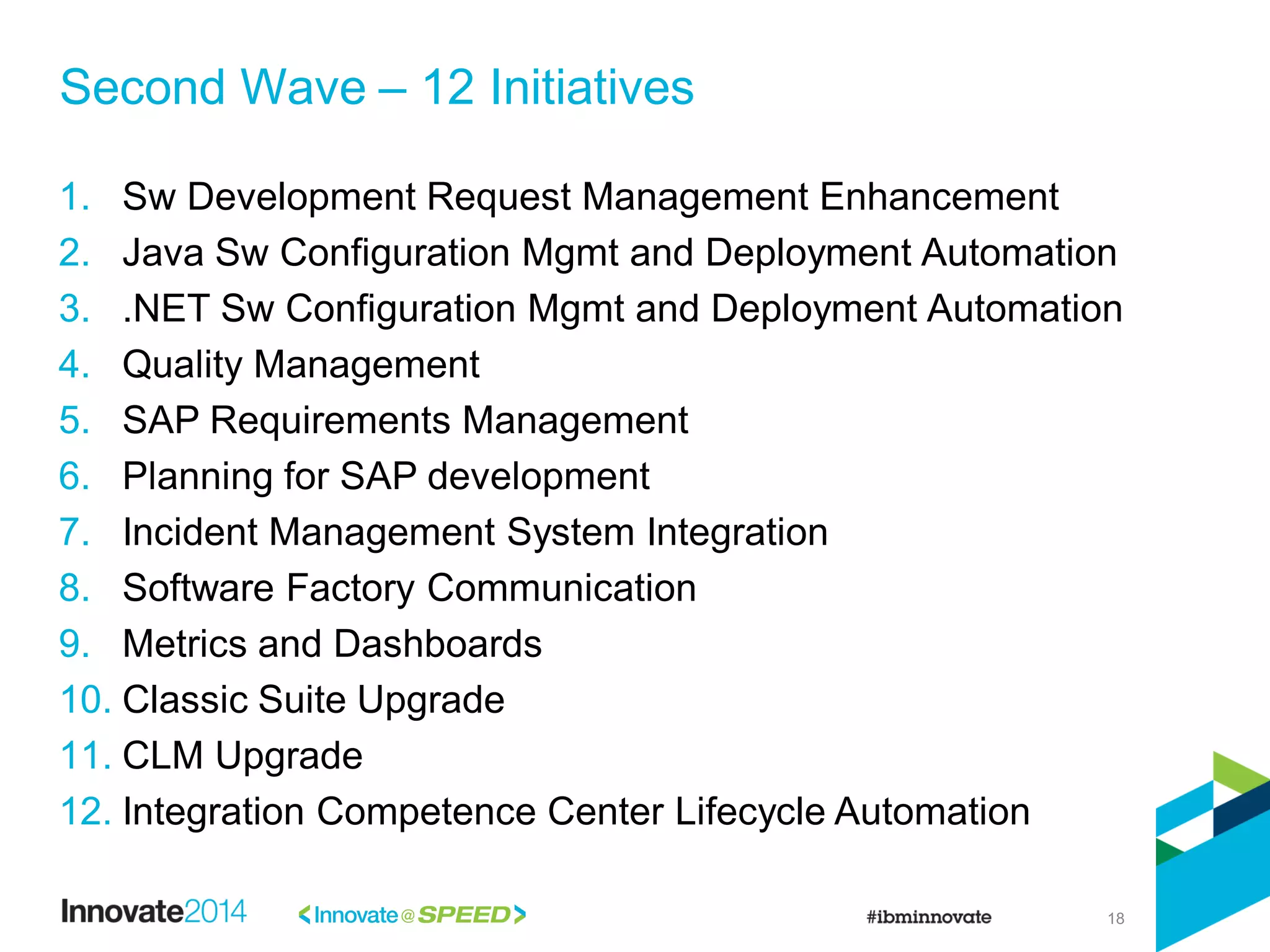 18
1. Sw Development Request Management Enhancement
2. Java Sw Configuration Mgmt and Deployment Automation
3. .NET Sw Configuration Mgmt and Deployment Automation
4. Quality Management
5. SAP Requirements Management
6. Planning for SAP development
7. Incident Management System Integration
8. Software Factory Communication
9. Metrics and Dashboards
10. Classic Suite Upgrade
11. CLM Upgrade
12. Integration Competence Center Lifecycle Automation
Second Wave – 12 Initiatives
 