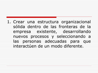 Crear una estructura organizacional sólida dentro de las fronteras de la empresa existente, desarrollando nuevos procesos y seleccionando a las personas adecuadas para que interactúen de un modo diferente. 