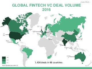 | 12
GLOBAL FINTECH VC DEAL VOLUME
2016
U.S.
650
Mexico
21
Canada
37
Australia
27
Singapore
41
India
82
China
28
Ireland
17
France
31
Germany
50
U.K.
173
Israel
27
≥ 50
≥ 20
≥ 5 1,436 deals in 66 countries
Source: Pitchbook (as at 30/01/17)
 