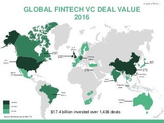 | 11
GLOBAL FINTECH VC DEAL VALUE
2016
U.S.
$6.2bn
Canada
$183m
Brazil
$161m
Australia
$91m
India
$272m
Japan
$87m
China
$...