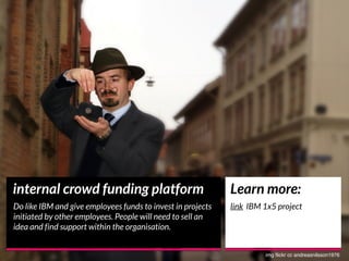 internal crowd funding platform
Do like IBM and give employees funds to invest in projects
initiated by other employees. P...