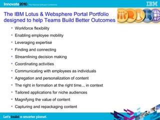 The IBM Lotus & Websphere Portal Portfolio
designed to help Teams Build Better Outcomes
   Workforce flexibility
   Enabling employee mobility
   Leveraging expertise
   Finding and connecting
   Streamlining decision making
   Coordinating activities
   Communicating with employees as individuals
   Agregation and personalization of content
   The right in formation at the right time.., in context
   Tailored applications for niche audiences
   Magnifying the value of content
   Capturing and repackaging content

                                                             10
 