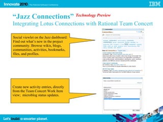 30




     “Jazz Connections” Technology Preview
     Integrating Lotus Connections with Rational Team Concert

     Social viewlet on the Jazz dashboard:
     Find out what’s new in the project
     community. Browse wikis, blogs,
     communities, activities, bookmarks,
     files, and profiles.




     Create new activity entries, directly
     from the Team Concert Work Item
     view; microblog status updates.
 
