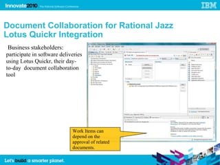 33




     Document Collaboration for Rational Jazz
     Lotus Quickr Integration
      Business stakeholders:
     participate in software deliveries
     using Lotus Quickr, their day-
     to-day document collaboration                      Personal
     tool                                               document
                                                        artifacts


                                                        Team
                                                        document
                                                        artifacts




                                  Work Items can
                                  depend on the
                                  approval of related
                                  documents.
 