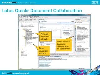34




     Lotus Quickr Document Collaboration




                      Personal
                      document
                      artifacts
                                  Direct access to
                                  document
                                  libraries from
                     Team         an Eclipse view
                     document
                     artifacts
 