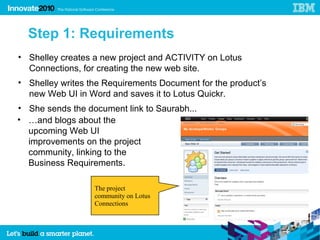 Step 1: Requirements
• Shelley creates a new project and ACTIVITY on Lotus
  Connections, for creating the new web site.
• Shelley writes the Requirements Document for the product’s
  new Web UI in Word and saves it to Lotus Quickr.
• She sends the document link to Saurabh...
• …and blogs about the
  upcoming Web UI
  improvements on the project
  community, linking to the
  Business Requirements.

                  The project
                  community on Lotus
                  Connections
 