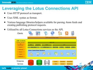 Leveraging the Lotus Connections API
● Uses HTTP protocol as transport.
● Uses XML syntax as format.
● Various language libraries/helpers available for parsing Atom feeds and
  creating publishing protocol requests.
● Utilized by all Lotus Connections services as the API.
 