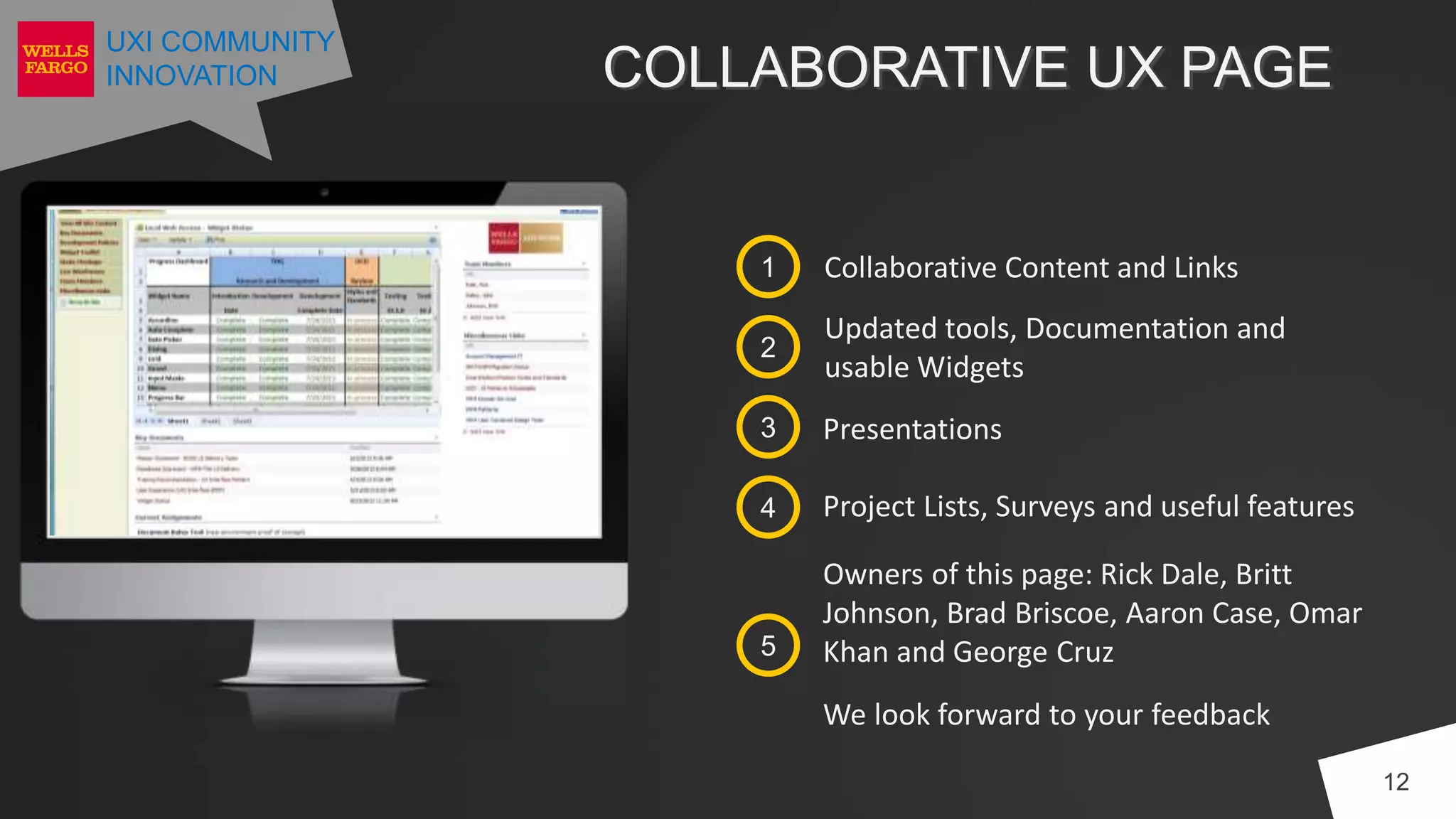 UXI COMMUNITY
INNOVATION COLLABORATIVE UX PAGE
12
2
Updated tools, Documentation and
usable Widgets
3 Presentations
4 Project Lists, Surveys and useful features
1 Collaborative Content and Links
5
Owners of this page: Rick Dale, Britt
Johnson, Brad Briscoe, Aaron Case, Omar
Khan and George Cruz
We look forward to your feedback
 