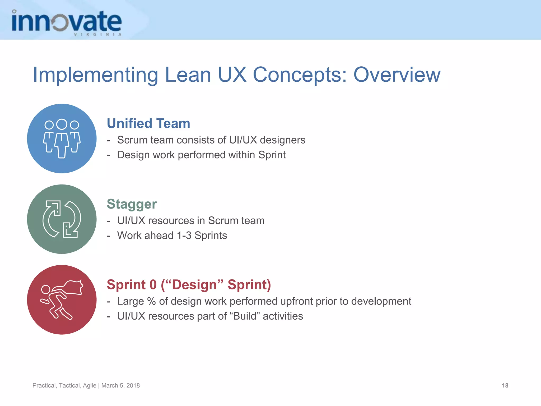 Practical, Tactical, Agile | March 5, 2018 18
Implementing Lean UX Concepts: Overview
Unified Team
- Scrum team consists of UI/UX designers
- Design work performed within Sprint
Sprint 0 (“Design” Sprint)
- Large % of design work performed upfront prior to development
- UI/UX resources part of “Build” activities
Stagger
- UI/UX resources in Scrum team
- Work ahead 1-3 Sprints
 