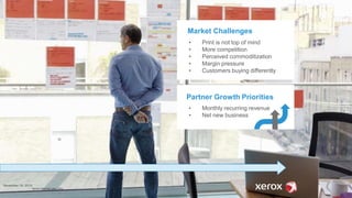 10
November 19, 2015
Xerox Internal Use Only
Market Challenges
•
•
•
•
•
Print is not top of mind
More competition
Perceived commoditization
Margin pressure
Customers buying differently
Partner Growth Priorities
•
•
Monthly recurring revenue
Net new business
 