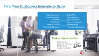 Partner Opportunities
•
•
•
•
Profit margins
Recurring revenues
Market share
Account protection
Help Your Customers Innovate to GrowPractical solutions to achieve their business priorities.
Digital Files
IntegratedApps
Cloud Resources
Worry Free Security
Mobile Printing
Predictable Budgeting
Paper Documents
Copy/Print Centric
On Premise
Unprotected
Network Printing
Uncontrolled Expense
 