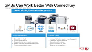Customer Benefits
• Connect to the cloud
• Support mobile workers
• Stay productive, save time with fewer steps
• Reduce IT burden with remote control panel
• Protect confidential information
SMBs Can Work Better With ConnectKey
Innovate the way work gets done.
Award winning line of A3 and A4 products
Partner Payoff
• Introduce high value solutions beyond copy/print
• Gateway to workflow revenues
• Competitive differentiation
• Improve contested win rates
• Designed for managed print
 