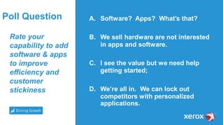 Rate your
capability to add
software & apps
to improve
efficiency and
customer
stickiness
Poll Question A. Software? Apps? What’s that?
B. We sell hardware are not interested
in apps and software.
C. I see the value but we need help
getting started;
D. We’re all in. We can lock out
competitors with personalized
applications.
 