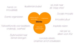 verkennen &
verbinden
inspireren
zorg van
overmorgen
inspiratie reizen
Events organiseren
Buitenwereld naar
binnen brengen
hands-on  
Innovatielab
op zoek naar
de ‘crazy ones’
concrete ideeën
omarmen en/of ontwikkelen
Netwerkfunctie voor bedrijven,
onderwijs, overheid
niet per se
alleen voor ASz
innovatiecultuur
Sociale innovatie
#patiëntsincluded
IDEASz
 
