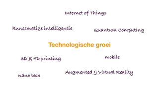 Technologische groei
3D & 4D printing
Internet of Things
Augmented & Virtual Reality
Quantum Computingkunstmatige intelligentie
mobile
nano tech
 