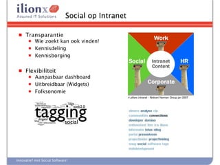 Social op Intranet

 ■   Transparantie
       ■   Wie zoekt kan ook vinden!
       ■   Kennisdeling
       ■   Kennisborging

 ■   Flexibiliteit
       ■   Aanpasbaar dashboard
       ■   Uitbreidbaar (Widgets)
       ■   Folksonomie
                                                  4 pillars intranet - Nielsen Norman Group jan 2007




Innovatief met Social Software!
 