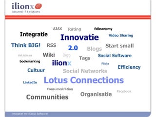 AJAX     Rating       folksonomy

       Integratie
                                     Innovatie                  Video Sharing

Think BIG!                    RSS                             Start small
                                           2.0      Blogs
     del.icio.us          Wiki           Digg             Social Software
                                                 Tags
      bookmarking
                                  ilionx                   Flickr
                                                                     Efficiency
             Cultuur                     Social Networks
         LinkedIn          Lotus Connections
                              Consumerization
                                                                     Facebook
                                                 Organisatie
            Communities

Innovatief met Social Software!
 
