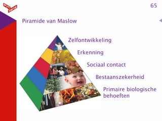 65
Piramide van Maslow
Zelfontwikkeling

Erkenning
Sociaal contact
Bestaanszekerheid
Primaire biologische
behoeften

 
