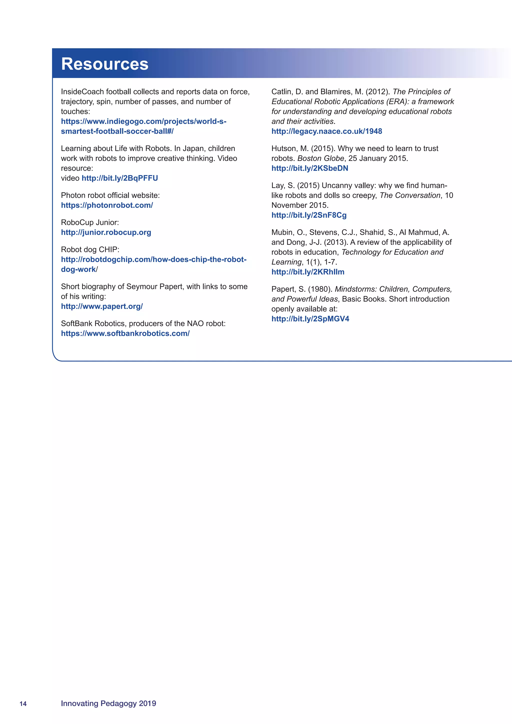 14 Innovating Pedagogy 2019
Resources
InsideCoach football collects and reports data on force,
trajectory, spin, number of passes, and number of
touches:
https://www.indiegogo.com/projects/world-s-
smartest-football-soccer-ball#/
Learning about Life with Robots. In Japan, children
work with robots to improve creative thinking. Video
resource:
video http://bit.ly/2BqPFFU
Photon robot official website:
https://photonrobot.com/
RoboCup Junior:
http://junior.robocup.org
Robot dog CHIP:
http://robotdogchip.com/how-does-chip-the-robot-
dog-work/
Short biography of Seymour Papert, with links to some
of his writing:
http://www.papert.org/
SoftBank Robotics, producers of the NAO robot:
https://www.softbankrobotics.com/
Catlin, D. and Blamires, M. (2012). The Principles of
Educational Robotic Applications (ERA): a framework
for understanding and developing educational robots
and their activities.
http://legacy.naace.co.uk/1948
Hutson, M. (2015). Why we need to learn to trust
robots. Boston Globe, 25 January 2015.
http://bit.ly/2KSbeDN
Lay, S. (2015) Uncanny valley: why we find human-
like robots and dolls so creepy, The Conversation, 10
November 2015.
http://bit.ly/2SnF8Cg
Mubin, O., Stevens, C.J., Shahid, S., Al Mahmud, A.
and Dong, J-J. (2013). A review of the applicability of
robots in education, Technology for Education and
Learning, 1(1), 1-7.
http://bit.ly/2KRhlIm
Papert, S. (1980). Mindstorms: Children, Computers,
and Powerful Ideas, Basic Books. Short introduction
openly available at:
http://bit.ly/2SpMGV4
 
