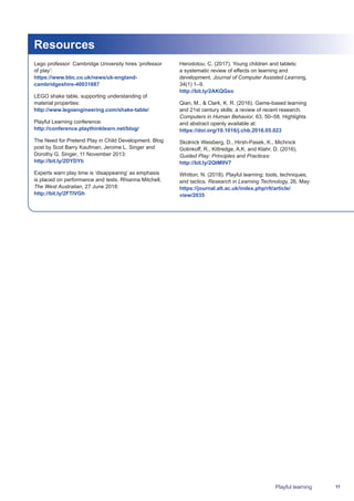 11Playful learning
Resources
Lego professor: Cambridge University hires ‘professor
of play’:
https://www.bbc.co.uk/news/uk-england-
cambridgeshire-40031687
LEGO shake table, supporting understanding of
material properties:
http://www.legoengineering.com/shake-table/
Playful Learning conference:
http://conference.playthinklearn.net/blog/
The Need for Pretend Play in Child Development. Blog
post by Scot Barry Kaufman, Jerome L. Singer and
Dorothy G. Singer, 11 November 2013:
http://bit.ly/2DYDYti
Experts warn play time is ‘disappearing’ as emphasis
is placed on performance and tests. Rhianna Mitchell,
The West Australian, 27 June 2018:
http://bit.ly/2FTIVGh
Herodotou, C. (2017). Young children and tablets:
a systematic review of effects on learning and
development. Journal of Computer Assisted Learning,
34(1) 1–9.
http://bit.ly/2AKQGso
Qian, M.,  Clark, K. R. (2016). Game-based learning
and 21st century skills: a review of recent research.
Computers in Human Behavior, 63, 50–58. Highlights
and abstract openly available at:
https://doi.org/10.1016/j.chb.2016.05.023
Skolnick Weisberg, D., Hirsh-Pasek, K., Michnick
Golinkoff, R., Kittredge, A.K. and Klahr, D. (2016).
Guided Play: Principles and Practices:
http://bit.ly/2QtM9V7
Whitton, N. (2018). Playful learning: tools, techniques,
and tactics. Research in Learning Technology, 26, May:
https://journal.alt.ac.uk/index.php/rlt/article/
view/2035
 