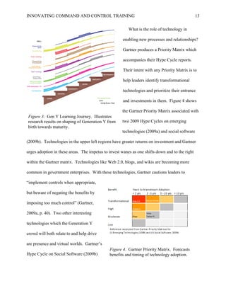 INNOVATING COMMAND AND CONTROL TRAINING                                                          13


                                                         What is the role of technology in

                                                      enabling new processes and relationships?

                                                      Gartner produces a Priority Matrix which

                                                      accompanies their Hype Cycle reports.

                                                      Their intent with any Priority Matrix is to

                                                      help leaders identify transformational

                                                      technologies and prioritize their entrance

                                                      and investments in them. Figure 4 shows

                                                     the Gartner Priority Matrix associated with
Figure 3. Gen Y Learning Journey. Illustrates
research results on shaping of Generation Y from     two 2009 Hype Cycles on emerging
birth towards maturity.
                                                     technologies (2009a) and social software

(2009b). Technologies in the upper left regions have greater returns on investment and Gartner

urges adoption in these areas. The impetus to invest wanes as one shifts down and to the right

within the Gartner matrix. Technologies like Web 2.0, blogs, and wikis are becoming more

common in government enterprises. With these technologies, Gartner cautions leaders to

―implement controls when appropriate,

but beware of negating the benefits by

imposing too much control‖ (Gartner,

2009a, p. 40). Two other interesting

technologies which the Generation Y

crowd will both relate to and help drive

are presence and virtual worlds. Gartner’s
                                              Figure 4. Gartner Priority Matrix. Forecasts
Hype Cycle on Social Software (2009b)         benefits and timing of technology adoption.
 
