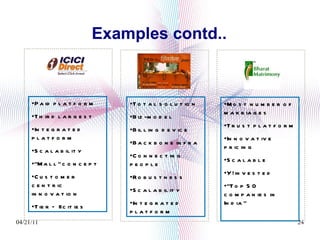 Examples contd.. Paid platform Third largest  Integrated platform Scalability “ Mall” concept Customer centric innovation Tier – II cities  Total solution  Biz-model  Billing device Backbone infra Connecting people Robustness Scalability Integrated platform Most number of marriages Trust platform  Innovative pricing Scalable  Y! invested “ Top 50 companies in India” 