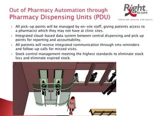  All pick-up points will be managed by on-site staff, giving patients access to
a pharmacist which they may not have at clinic sites.
 Integrated cloud-based data system between central dispensing and pick up
points for reporting and accountability.
 All patients will receive integrated communication through sms reminders
and follow-up calls for missed visits.
 Stock control management meeting the highest standards to eliminate stock
loss and eliminate expired stock.
 