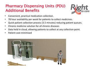 Pharmacy Dispensing Units (PDU)
Additional Benefits
• Convenient, practical medication collection.
• 78 hour availability per week for patients to collect medicines.
• Quick patient collection process (3.5 minutes) reducing patient queues.
• Chronic medicine solution for all chronic diseases
• Data held in cloud, allowing patients to collect at any collection point.
• Patient cost minimised
 