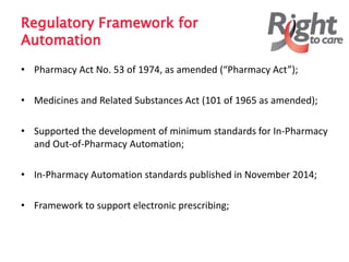 • Pharmacy Act No. 53 of 1974, as amended (“Pharmacy Act”);
• Medicines and Related Substances Act (101 of 1965 as amended);
• Supported the development of minimum standards for In-Pharmacy
and Out-of-Pharmacy Automation;
• In-Pharmacy Automation standards published in November 2014;
• Framework to support electronic prescribing;
Regulatory Framework for
Automation
 