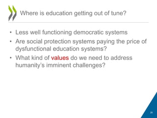 • Less well functioning democratic systems
• Are social protection systems paying the price of
dysfunctional education systems?
• What kind of values do we need to address
humanity’s imminent challenges?
Where is education getting out of tune?
26
 